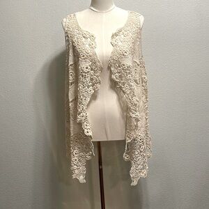 Women's Cream/Ivory Boho Crochet Lace Open Stitch Cardigan Vest